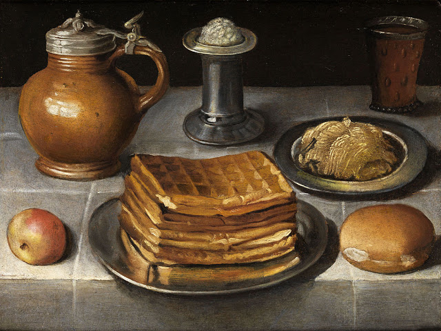 painting of waffles stacked and other foods