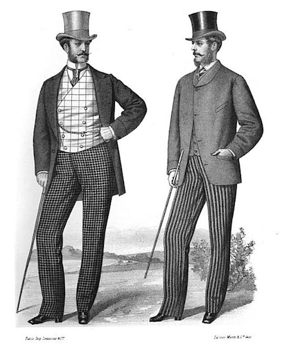 illustration of two men looking at each other, one with checked vest and trousers