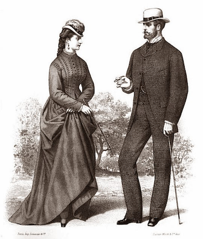 Victorian man and woman looking at each other