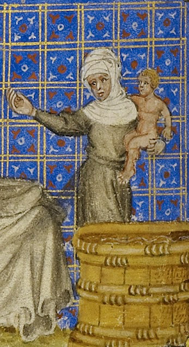 manuscript illustration of woman holding naked infant over tub