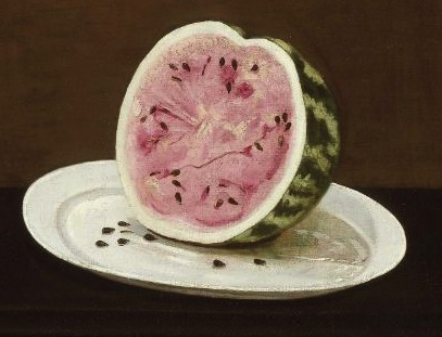realistic painting of half-watermelon on plate