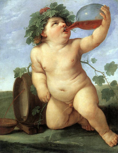 painting of naked putto drinking red wine and peeing