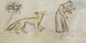 manuscript illustration of wolf looking at distressed man