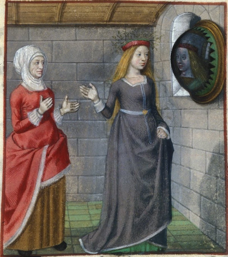 illustration of old woman attending young woman looking into convex wall mirror